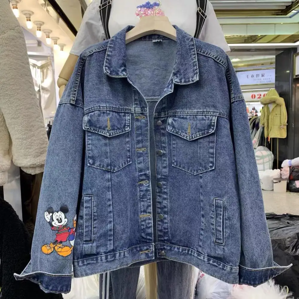 Mickey Donald Duck Cartoon Turn-Down Collar Loose Denim Jacket Women Spring and Autumn Female Outwear Casual Jean Coats Jackets