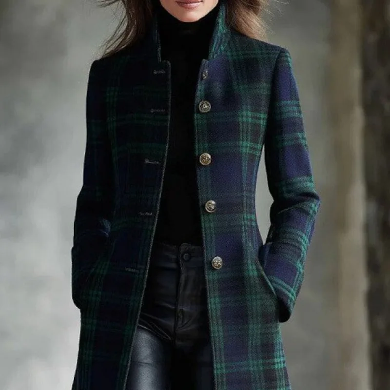 2026 European and American Women's Clothing Single Breasted Digital Printed Plaid Street Trendy Long Sleeved Outerwear Coat
