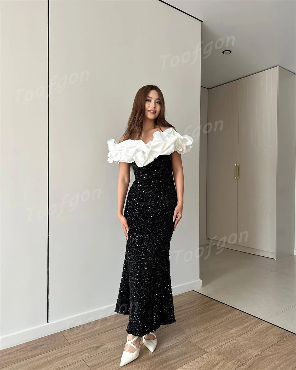 Toofgon Luxury Mermaid Evening Dresses Off Shoulder Sequins Lace Sparkly Special Evening Gown Women Birthday Occasion Customized