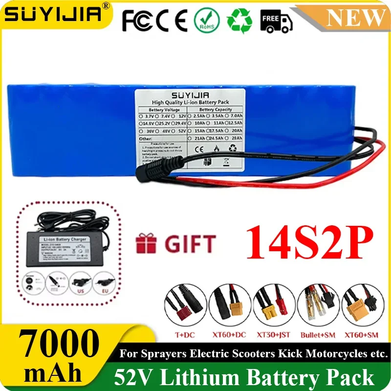 14S2P 52V 7000mah 18650 Lithium Batteries Pack Built-in Smart BMS for E-Bike Unicycle Scooter Wheel Chair with 58.8V 2A Charger