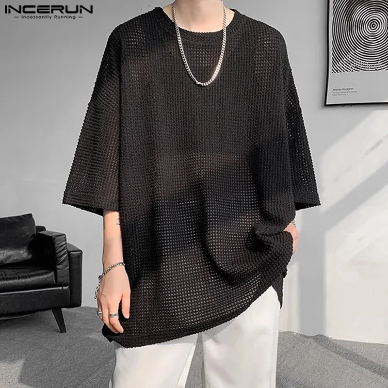 2024 Men T Shirt Solid Color Hollow Out O-neck Short Sleeve Men Clothing Transparent Streetwear Loose Fashion Tee Tops INCERUN