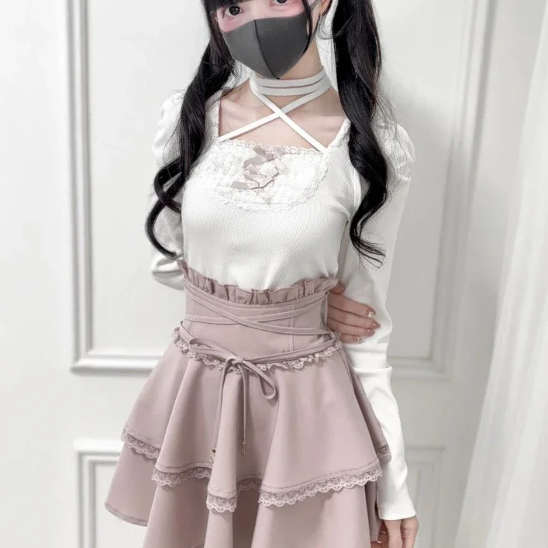 Japanese Sweet Lolita Style T-Shirts Women Vintage Y2k Square Collar Bow Long Sleeve Blouse Casual Kawaii Fashion Tees Tops New