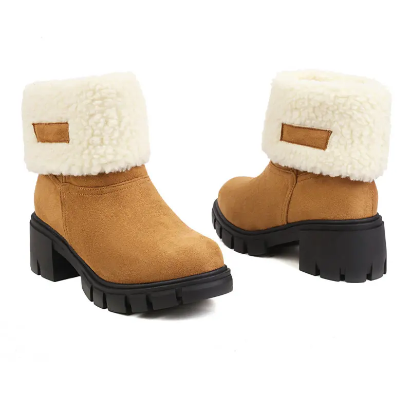 2022 Winter Warm Thick Faux Fur Lined Platform Square Chunky Med Heels Womens Snow Boots Plush Inside Heat Warmer Ankle Shoes