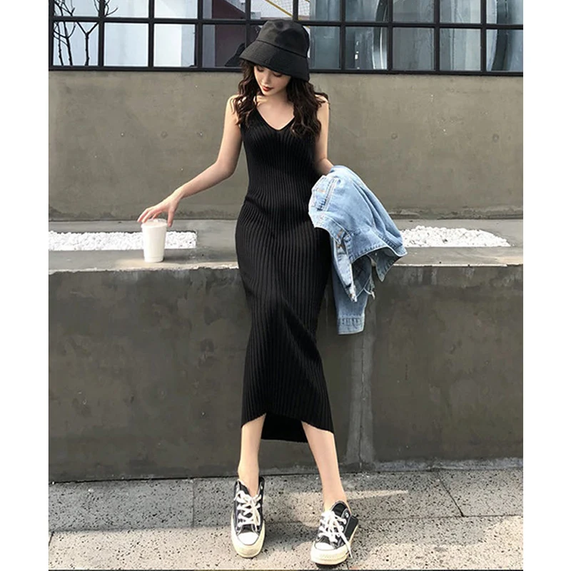 ブラックアイスシルクベストロングドレス夏スリムフィットニットvネック伸縮性ストレートカットベースレイヤードレス韓国風ピュアカラー