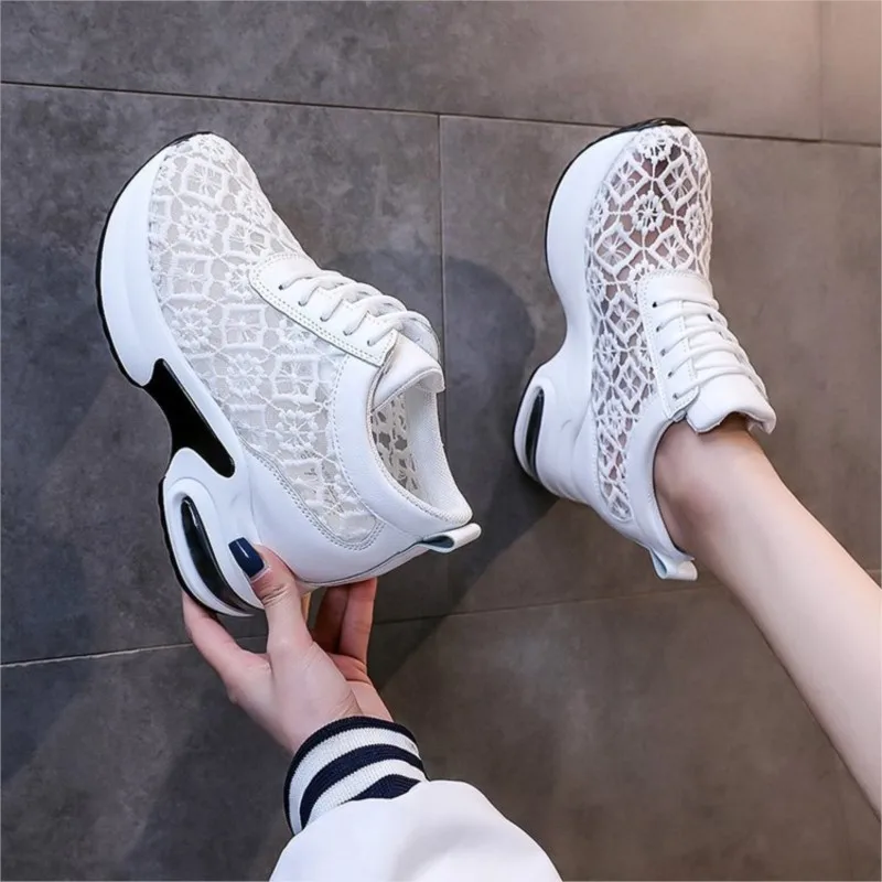 Spring white shoes with increased mesh lace surface in summer new mesh shoes breathable wedge heel thick sole casual shoes C1354