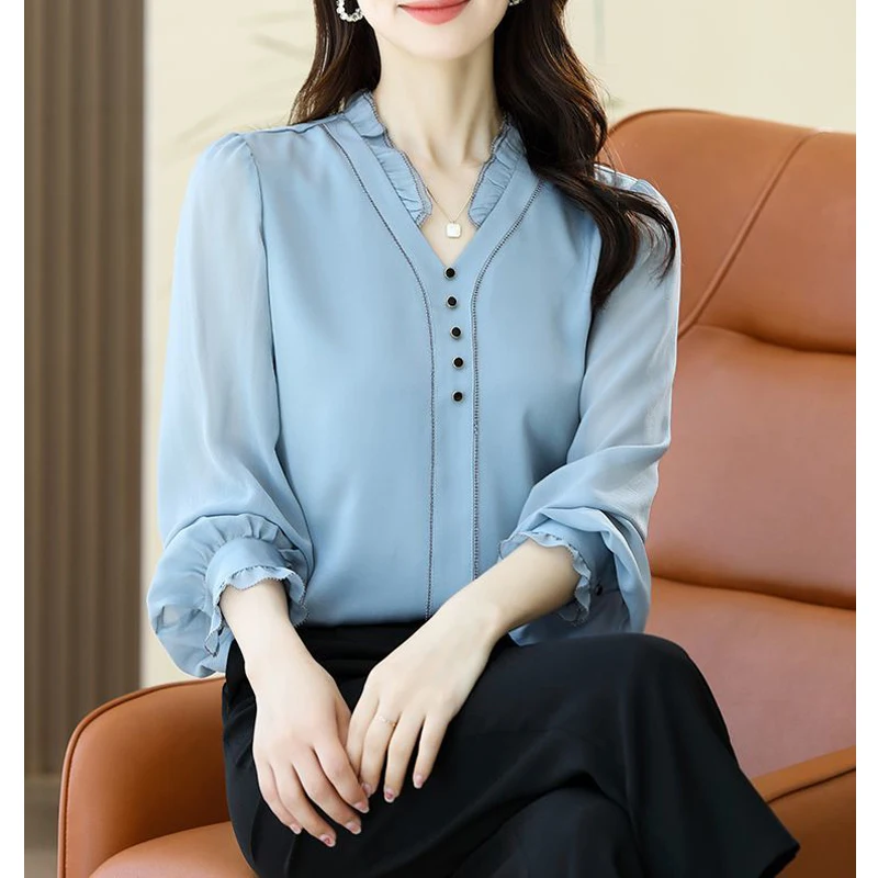 Women Korean Fashion Ruffle V Neck Elegant Blouses Spring Autumn Office Lady Commute Shirts Casual Blue Long Sleeve Loose Tops