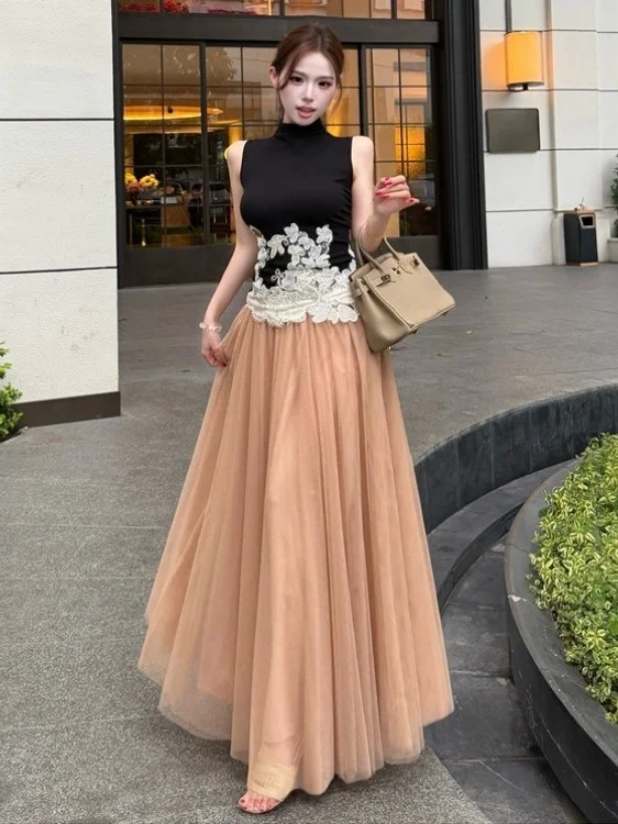 

Summer Chic Lace Splice High Collar Sleeveless Top And Mesh Skirt Set Women's Fashion Slimming Waist Cinched Two-Piece Set