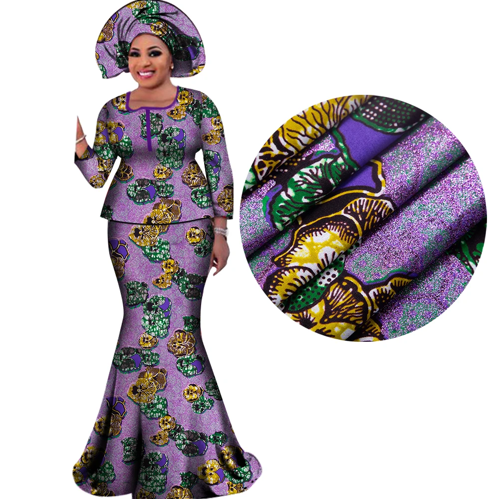 Gild Women African Outfits with Headscarf Bazin Riche African Print Blouse and Long Skirts Bronzing Women Suits Clothes WY3109