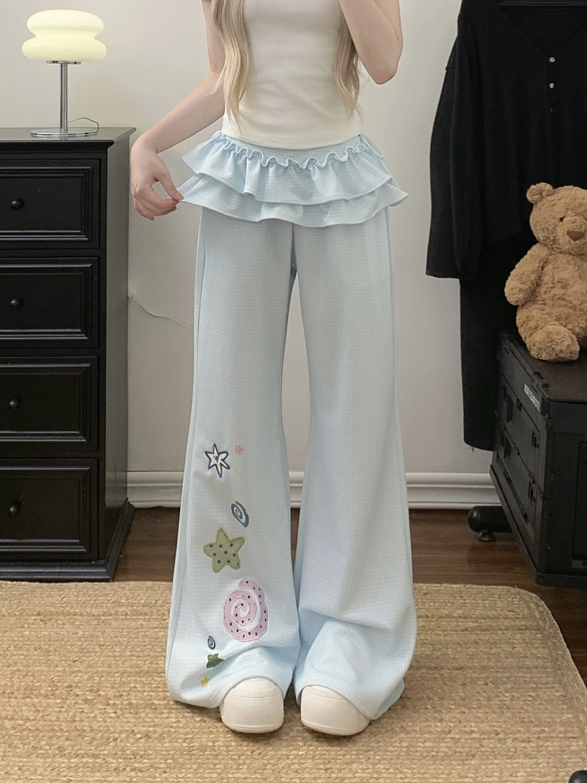 Women's Spring Autumn Cute Fake Two Pieces Flare Pants Lady Casual Embroidered Pattern Loose Full Length Pants