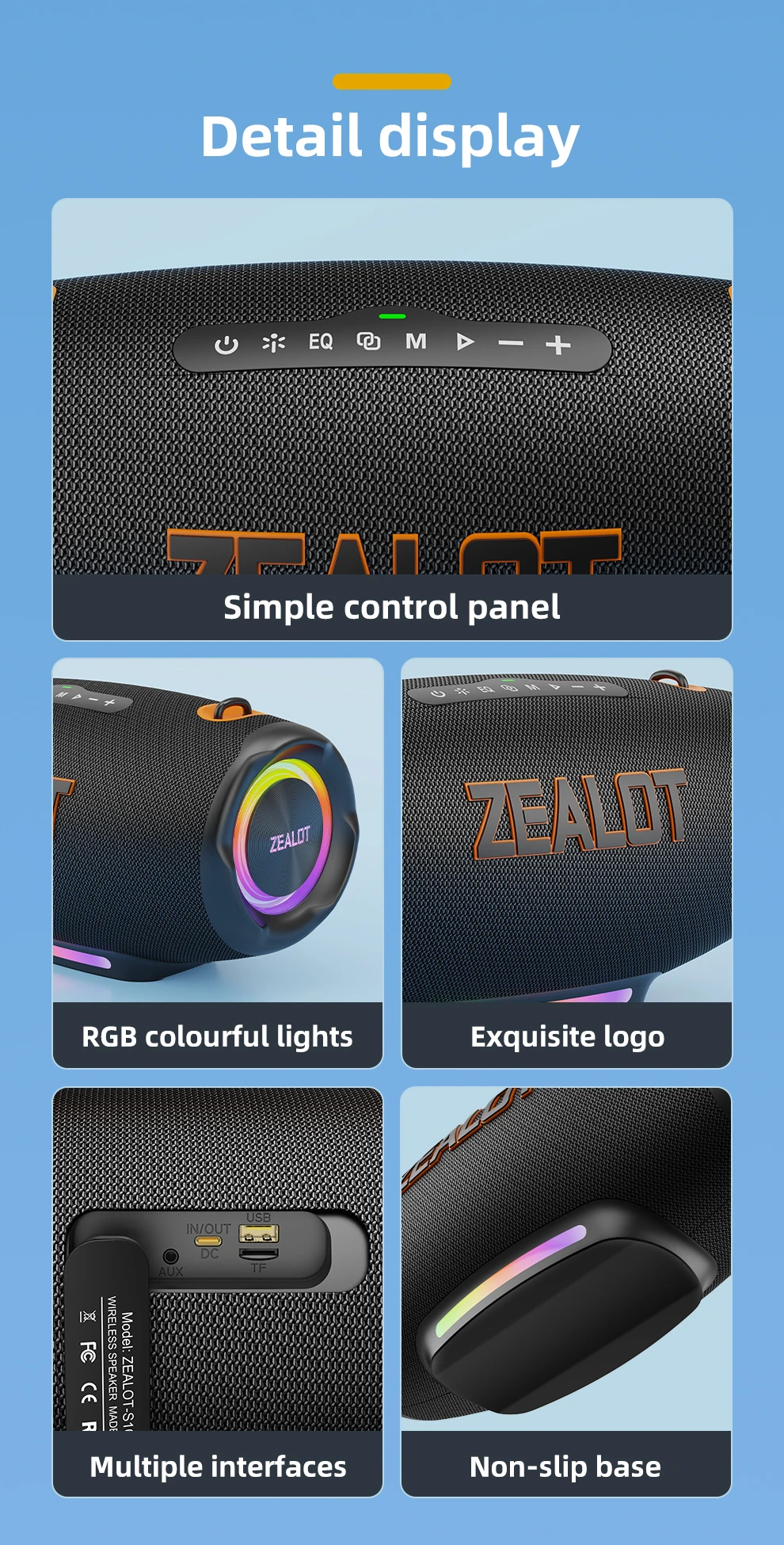 Zealot-S127 100W Tragbarer Subwoofer Bluetooth-Lautsprecher TF-Karte Outdoor-Stereo-Surround Wasserdichter Lautsprecher Kabellose Soundbox – Detail 11