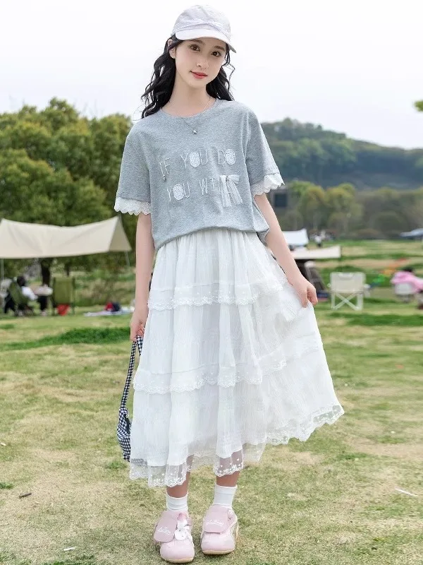 girls-summer-casual-short-sleeve-dress-set-two-pieces-outfit-big-kids-fashionable-clothing-breathable-comfortable-children's