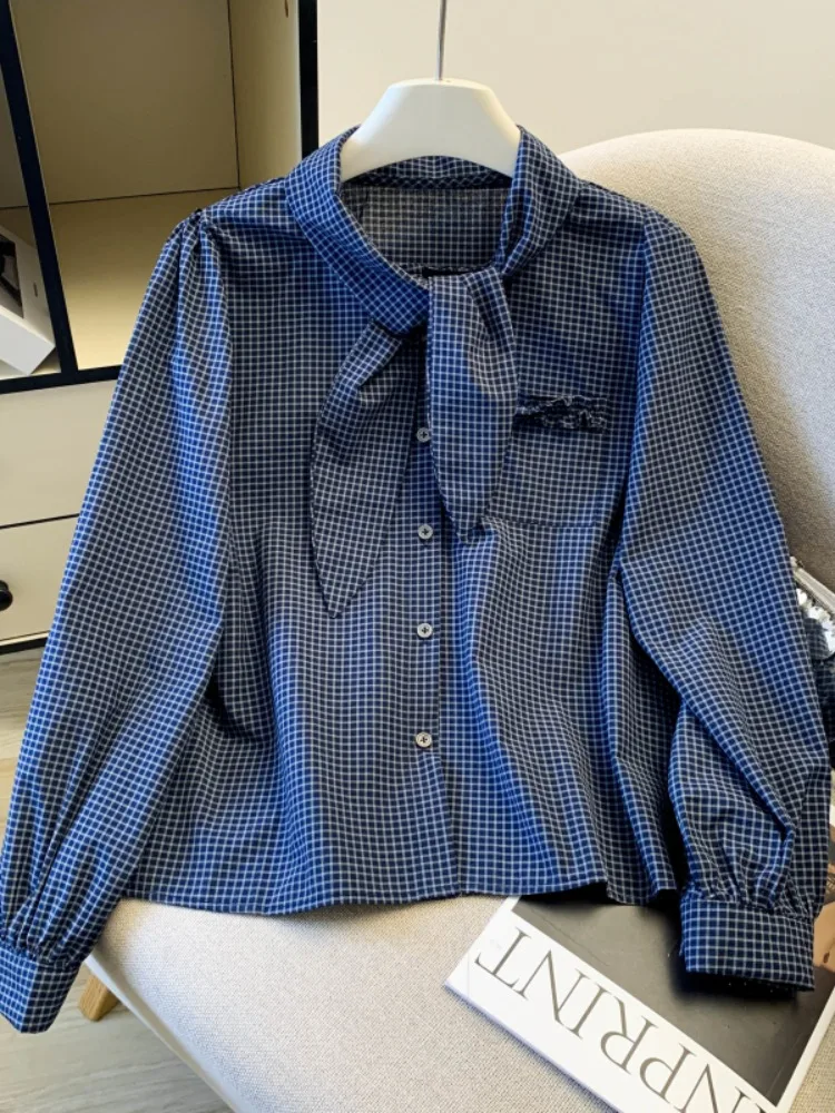 

Fashionable Elegance Women's Shirt Tie Collar Spring New Style Hong Kong Retro Versatile Slimming Turn-down Collar Blouse