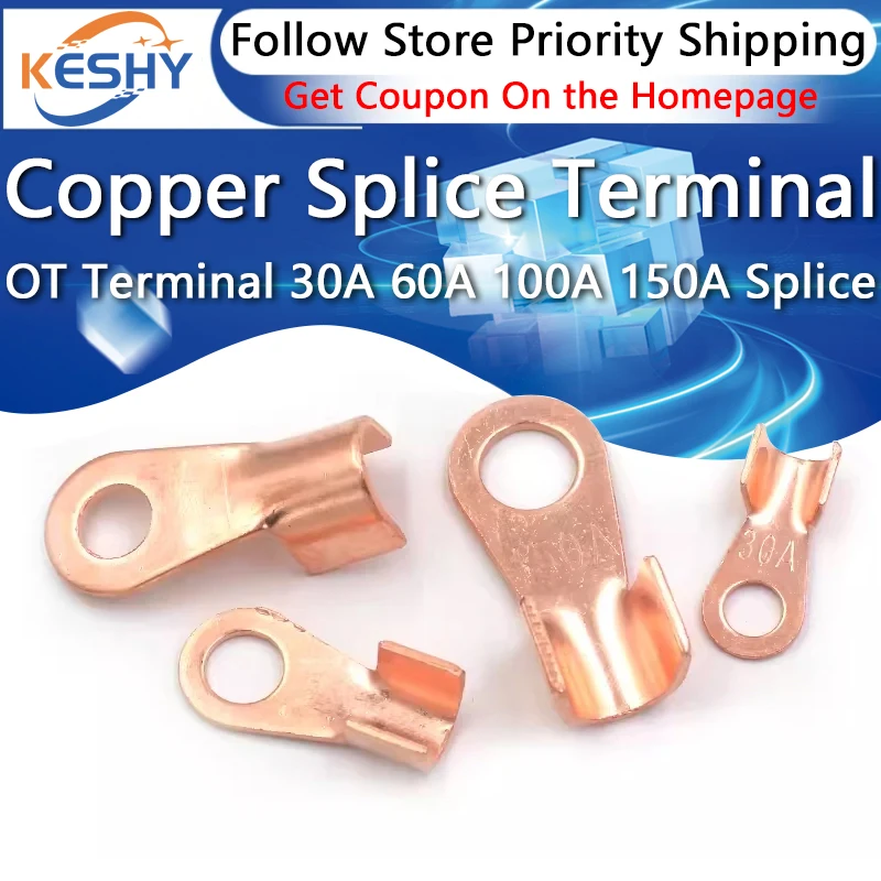 

5PCS Copper Circular Splice Terminal OT Terminal 30A 60A 100A 150A Splice Wire O shape Circular Naked Cable Connector Open Lug