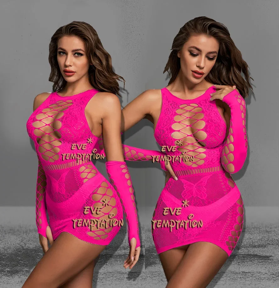 Babydoll – combinaison + gants à manches longues, lingerie Sexy, érotique, entrejambe ouvert, W283