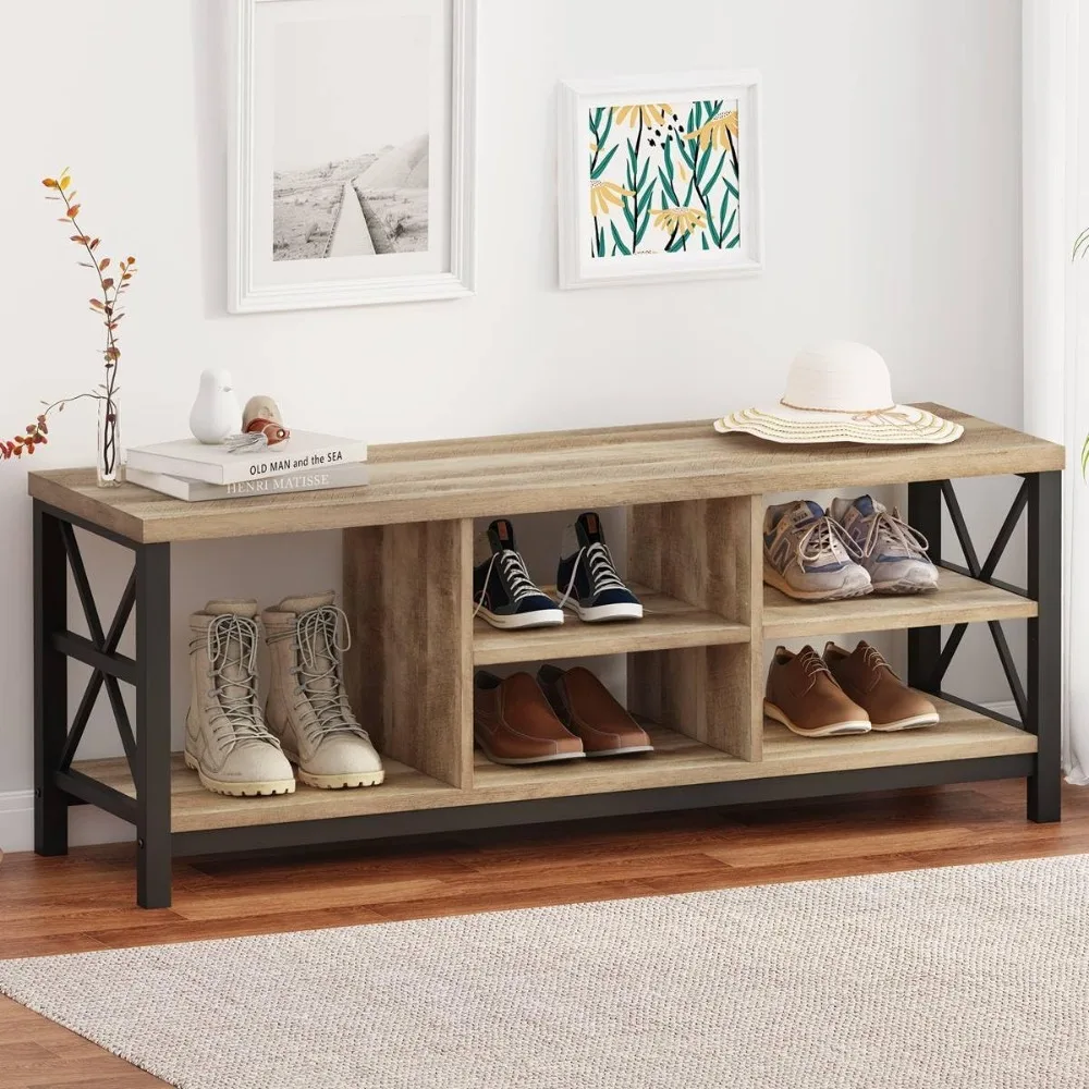 

Shoe Bench Entryway with Storage, Industrial Wood and Metal Hallway Benches with Adjustable Shelves, Rustic Entry Way Bench