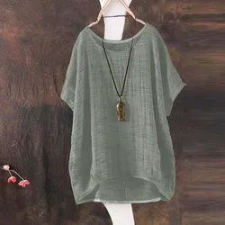 Vintage Women Linen Shirt Top Short Sleeve Solid Color Loose Plus Size T Shirt Crew Neck Woman Blusas Tunics 2022