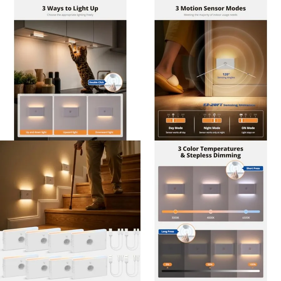 

3CCT Rechargeable Stair Lights Indoor, Stairway Lights Indoor with Magnetic Mount, Dimmable Stair Lights Motion Sensor for Stai