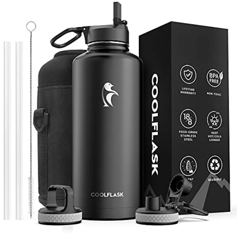 

Термос-бутылка для воды с соломинкой Coolflask, 2/3 галлона, из нержавеющей стали, с 3 крышками, большой кувшин для воды для спорта или офиса, без BPA