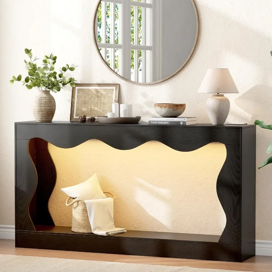 Entryway Table with Power Outlet and RGB LED Lights, 63-Inch Narrow Console Table with Wave Cutout, Sofa Table Behind Couch for