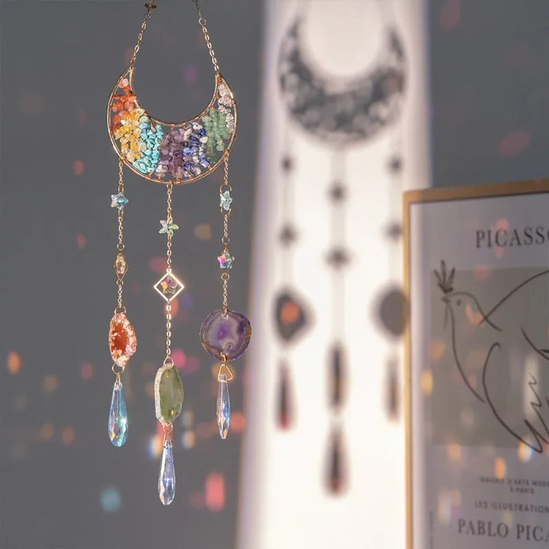 Crystal Suncatcher Dreamcatcher Ornament Rainbow Natural Crushed Stone Wind Chime Hanging Decor Sunlight Catching Pendant