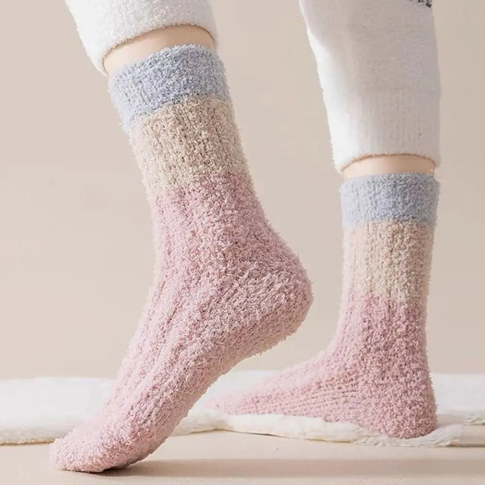 

3Pairs Thickened Coral Fleece Socks Stripe Sleeping Floor Plush Socks Winter Hosiery Mid Tube Socks Women For Female Men