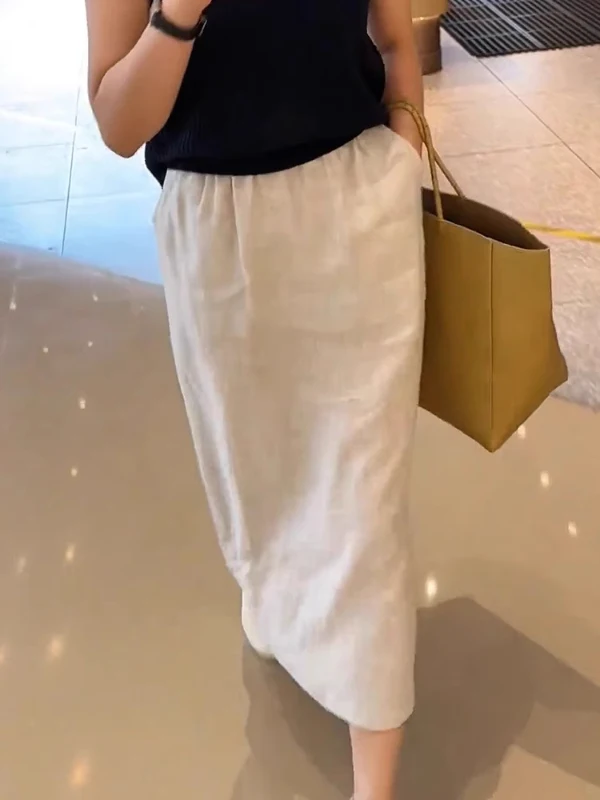 الكتان القطن عادية فضفاض المرأة تنورة عالية الخصر ألف خط التنانير الطويلة الصيف Faion خمر Sle با سبليت التنانير