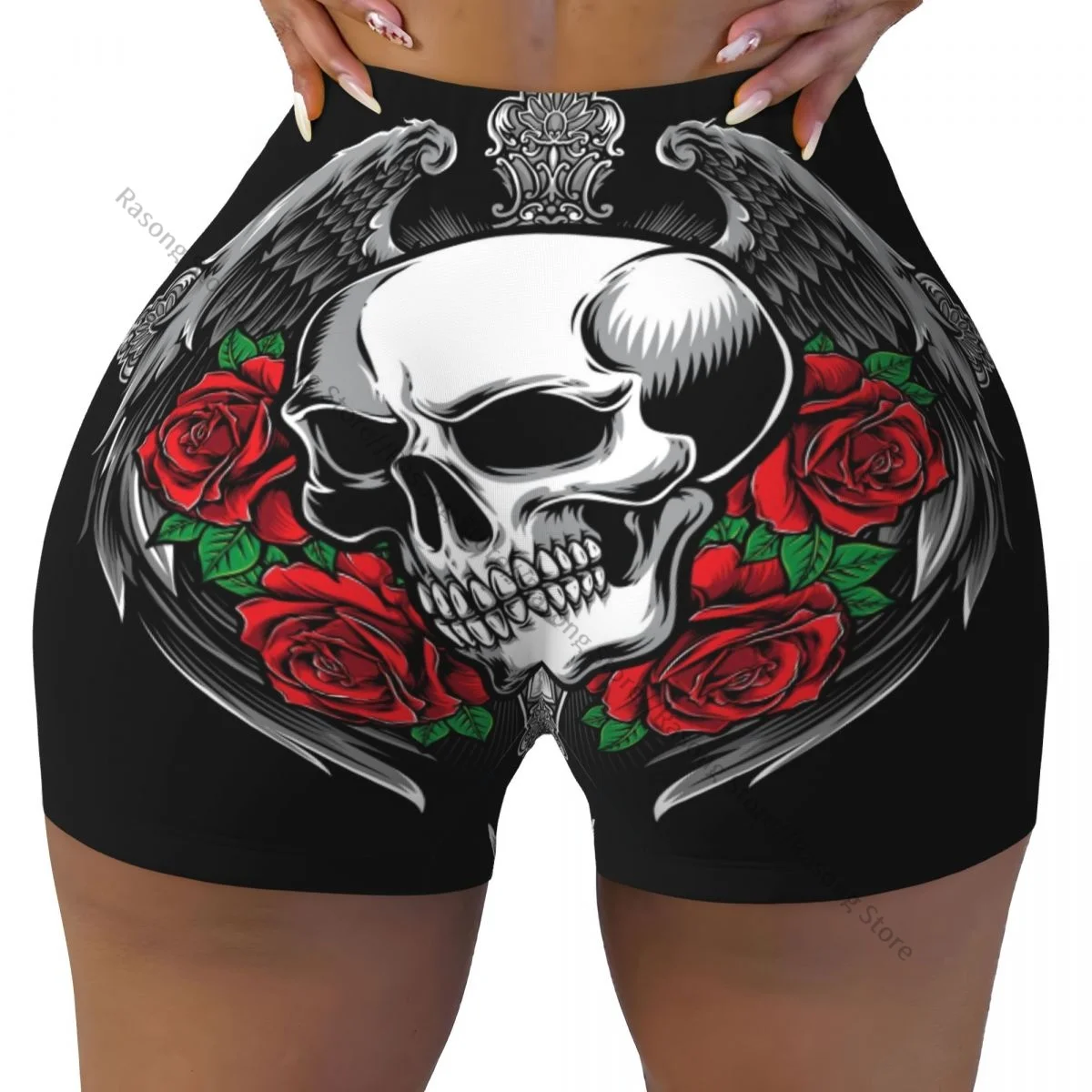 Women's Yoga Shorts Skull With Wing And Gothic Scrunch Booty Butt Lifting Comfort Fitness Gym