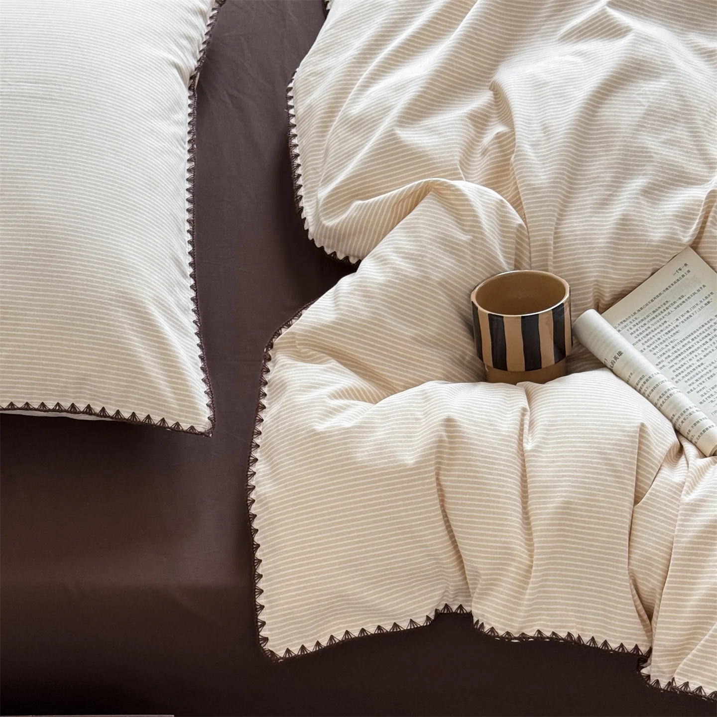 100% Cotton Bedding Set Brushed Vertical Lines Lazy Style King Queen Size Duvet Cover for Home Bedroom Decor, Soft Skin-friendly