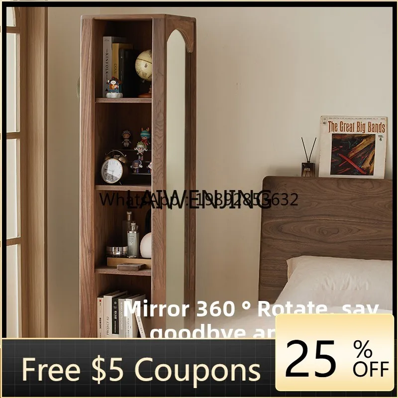 

JJ2 solid wood full body mirror black walnut floor rotating mirror cabinet storage bookcase