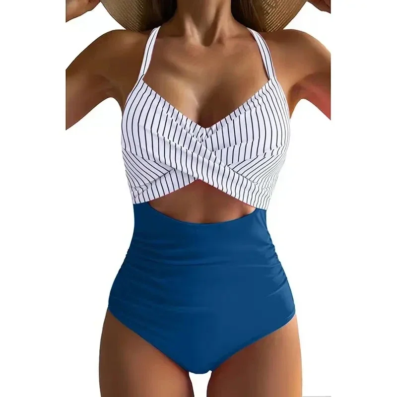 Sexy Backless Cross Swimming Suit Hollow Sling One Piece Swimsuit Fashion Color Matching Swimwear Bathing Suits For Women Bikini