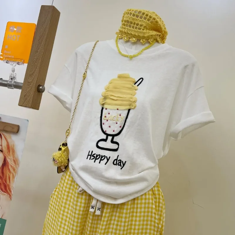 Women Korean Loose Ice Cream Embroidery Short Sleeve T Shirt Casual Basic Daily Tees S-XXL - view 5
