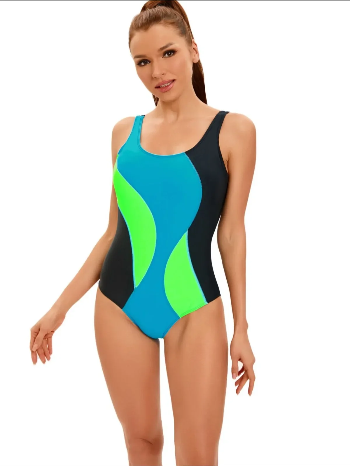 Traje de baño deportivo de retales 2025 para mujer, traje de baño conservador de una pieza, Monokini sin espalda con tirantes y cuello en U, traje de baño para playa