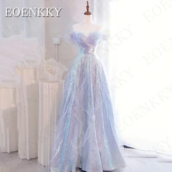 Purple Princess Off Shoulder Prom Dress 프롬드레스 Luxury Sequin Tulle Formal Evening Dresses Long Sweetheart Neck Lace-up Back Women