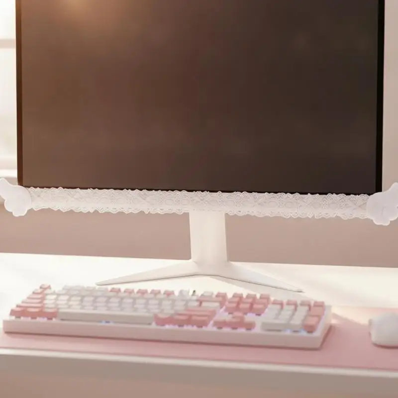 Screen Decor Color Lace Monitor Trim with Soft Plush Angel Wings Sweet Aesthetic for Home Office Desktop Decoration Cute Screen