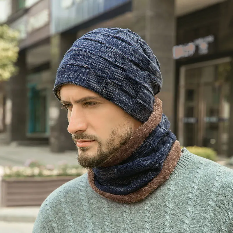 Ensemble bonnet et écharpe pour homme, garde au chaud, doublure polaire, fil de laine, chapeau, guêtre de cou en tricot, couleur unie, Design à carreaux, vente en gros, hiver