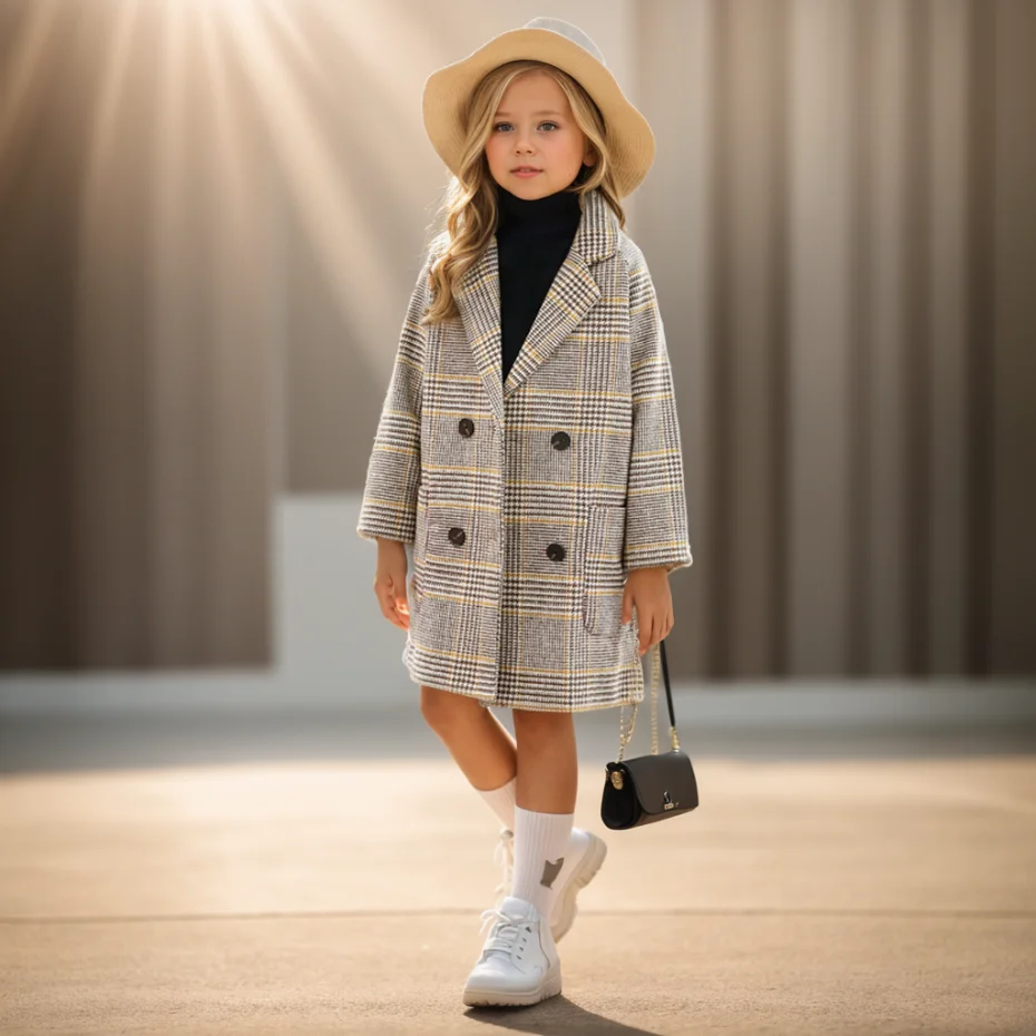 Girls Winter Long Jacket Outerwear Plaid Pattern Jacket For Girl Thick Warm Kids Coat Outerwear Teenage Children Clothings