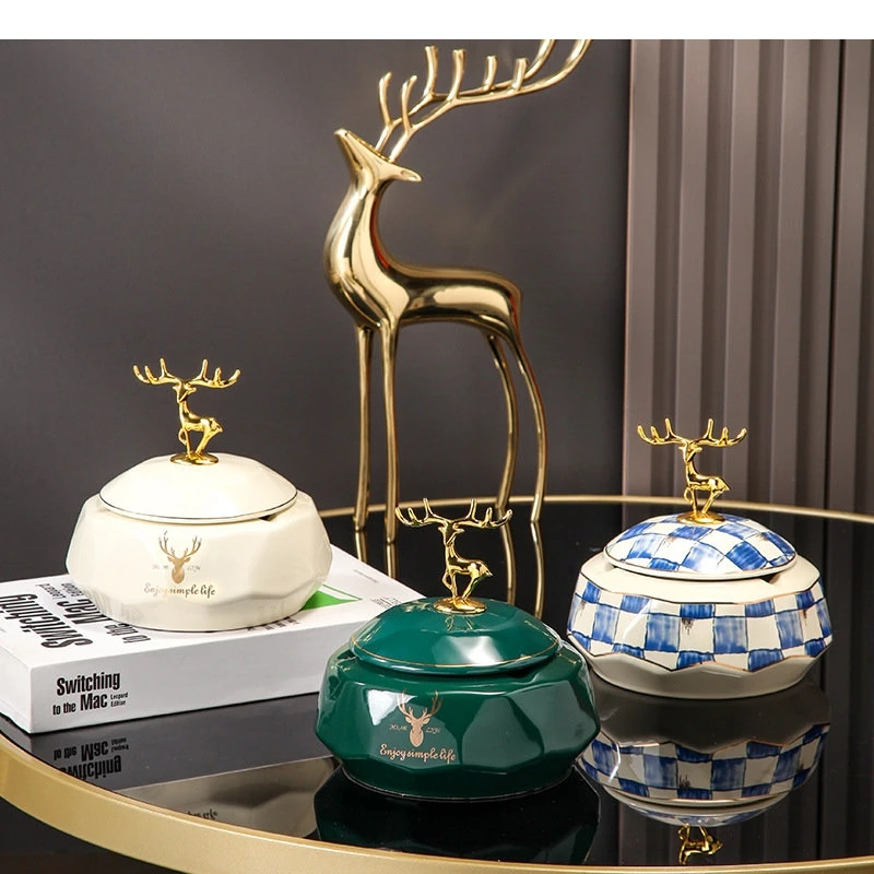 

Ceramic Ash Tray Simple Cigar Ashtrays Deer Decorative Lid Home Desktop Ashtray Soot Container Smoking Accessories