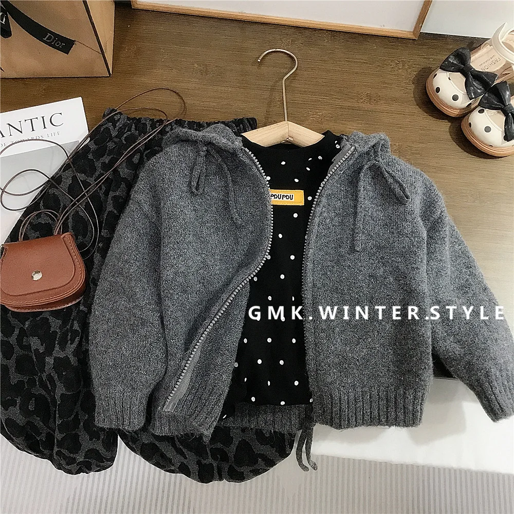 Girls' Spring and Autumn Hooded Sweater Cardigan Children Polka Dot Bottom Shirt Little Girl Leopard Print Casual Pants