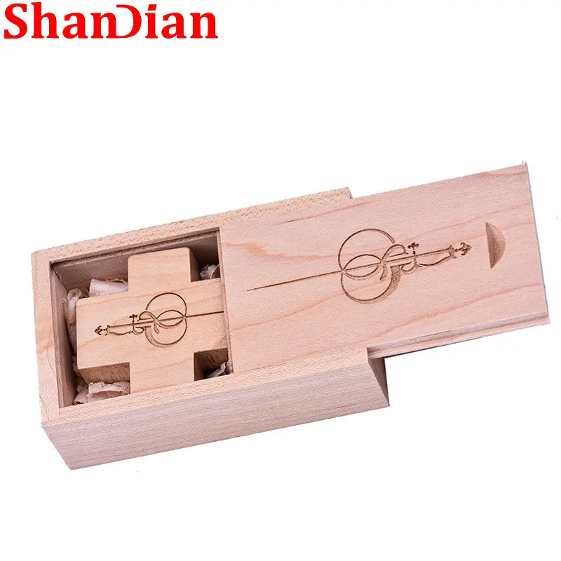 SHANDIAN Free Custom LOGO U Disk 64GB Maple Cross Flash Drive 32GB Wooden USB 2.0 16G Pendrive 8G Photography Gifts Memory Stick