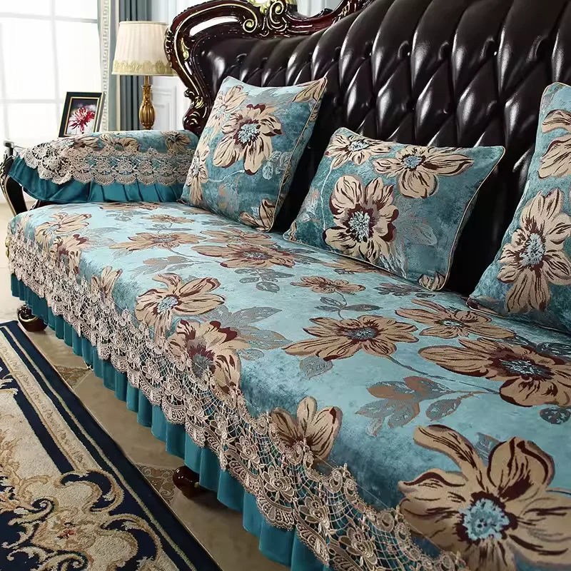 

European Retro Chenille Lace Covers for Sofas, 1, 2, 3, 4 Seater, Floral Leather Couch Slipcover, Non Slip Armchair Cover