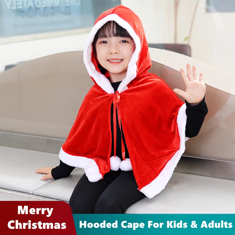 子供と大人のための小さな赤い乗馬フードフードフードフード付きケープ、クリスマスのコスプレ、肩のスカーフ、ショール、大晦日のパーティー、ドレスアップの小道具