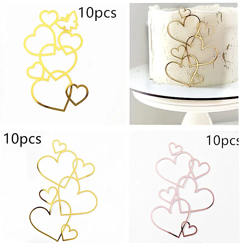 10pcs Hearts Butterfly Happy Birthday Cake Topper Minimalist Gold Silver Love Heart Wedding Party Cake Topper Dessert Decoration