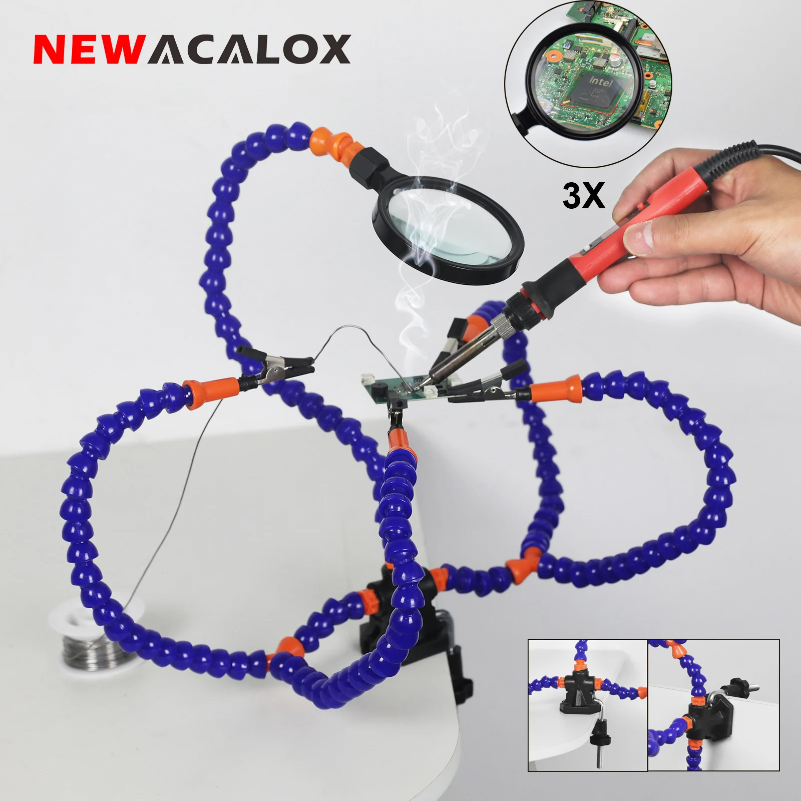 

NEWACALOX Soldering Third Hand Helping Hans Soldering Tool with 3X Magnifier 5 Flexible Arms PCB Holder Welding Repair Tool