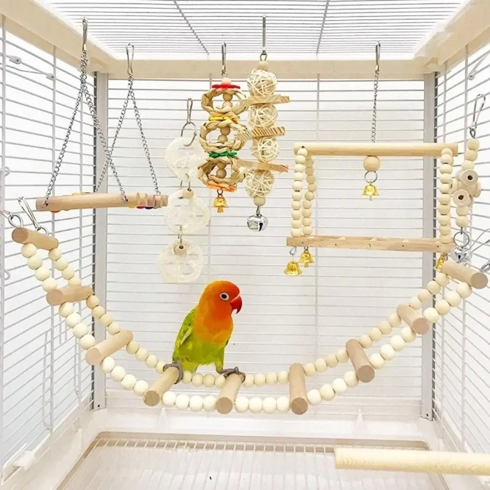 

8Pcs Set Wood Parrot Toy Set Hanging Hammock Bell Perch Combination Bird Toys Swing Stand Pole Parrot Training Toys
