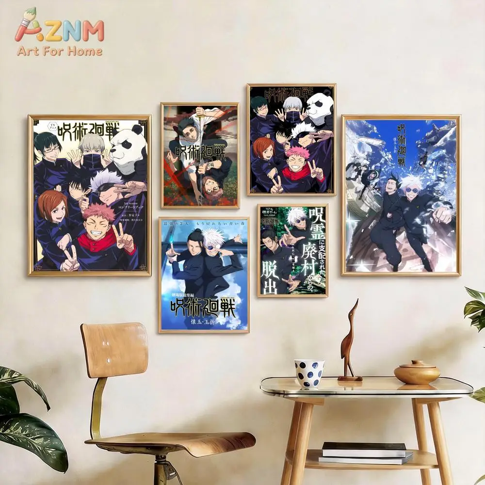 AZNM Jujutsu Kaisen Anime Frameless Canvas Wall Art, Gojo Satoru Itadori Yuji Print, Manga Room Decor, Unframed Painting