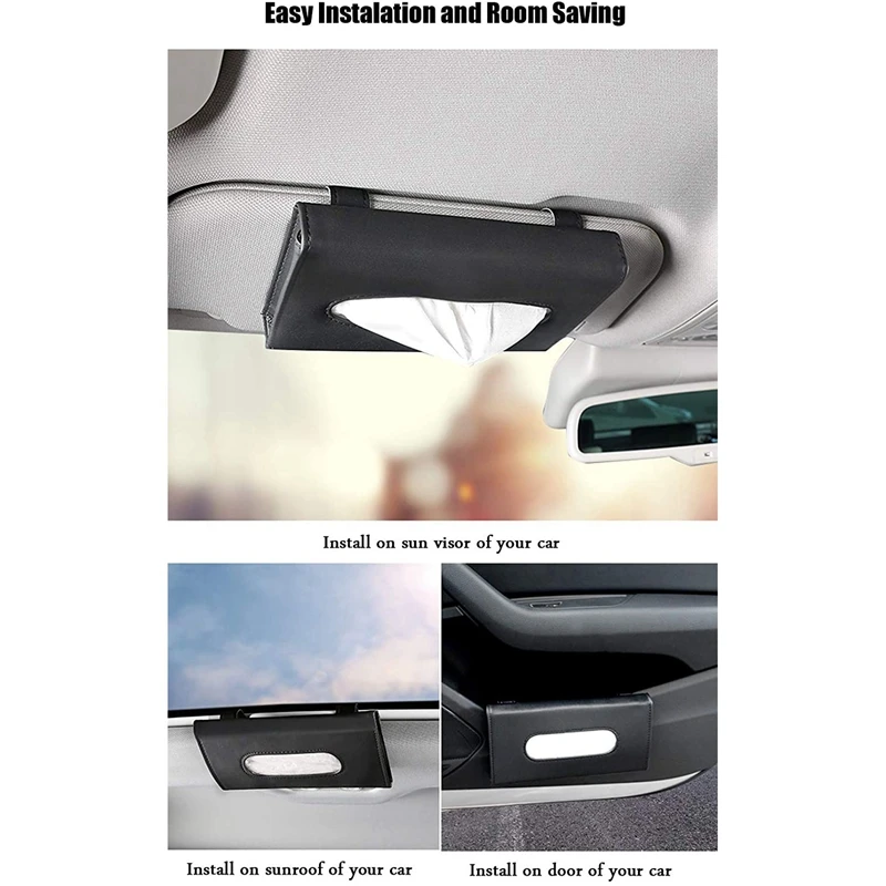 2PCS Car Tissue Holder Visor Napkin Case Leather Backseat Door Tissue Holder Car Hanging Towel Paper Tissues Box Black