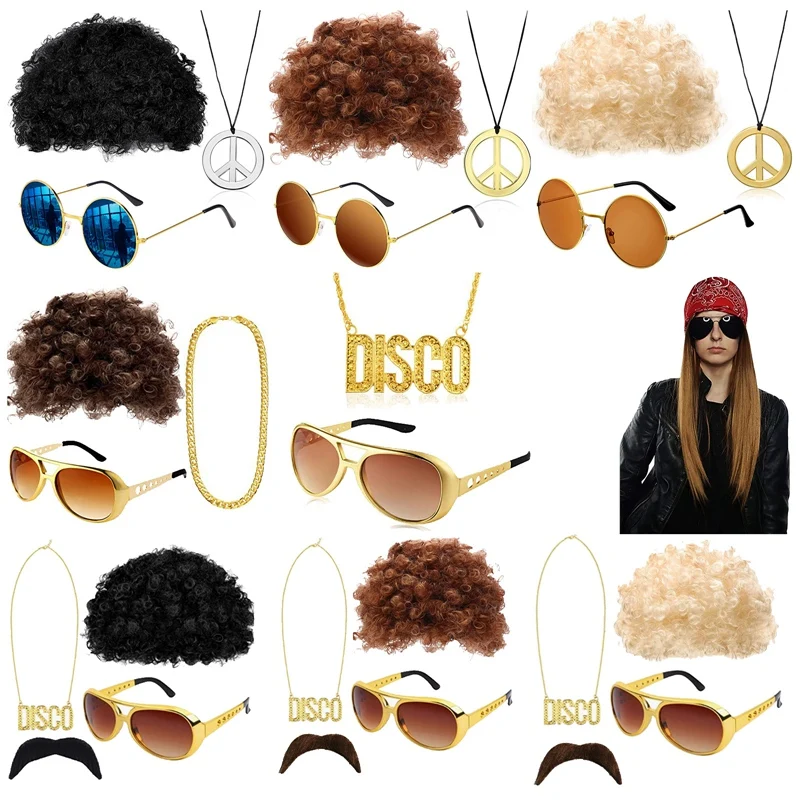 

FUN Costume Set Funky Afro Wig Sunglasses Necklace For 50s, 60s, 70s Theme Party Men 80s Style Party Clothes Accessories