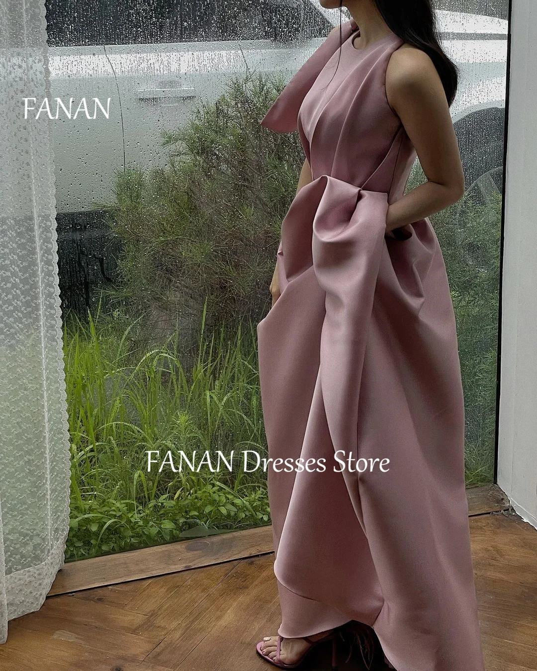 FANAN O-Neck Sleeveless Pink Simple Evening Party Dresses Korea Satin Simple Wedding Women  Gowns Event Prom Gowns Customized