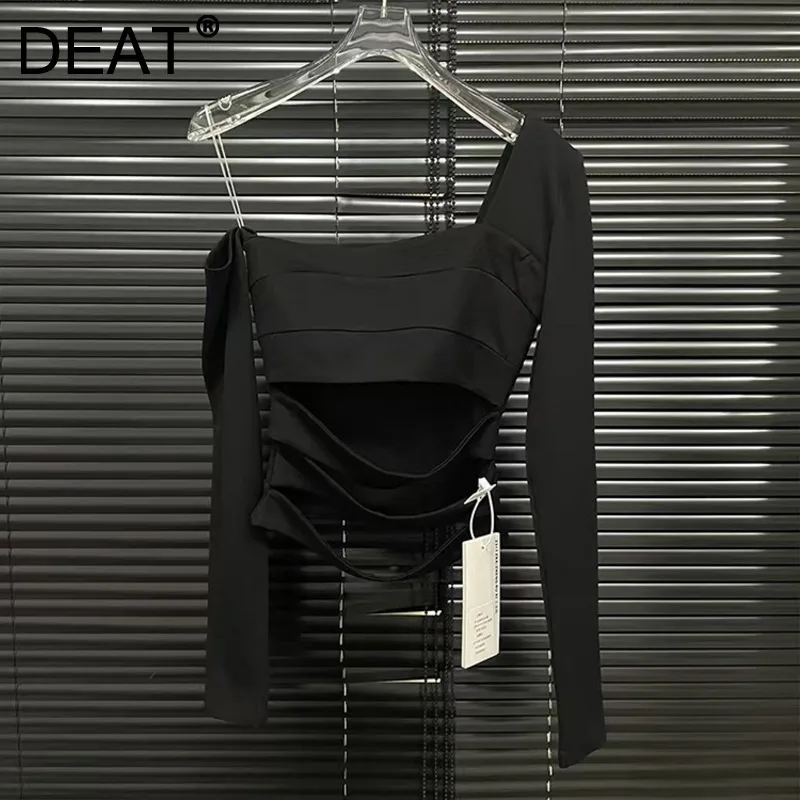 DEAT Women's Fashion Black Off Shoulder Hollow Out T-shirts Trendy Bottoming Tops Female 2025 Spring New Arrival 11A02470