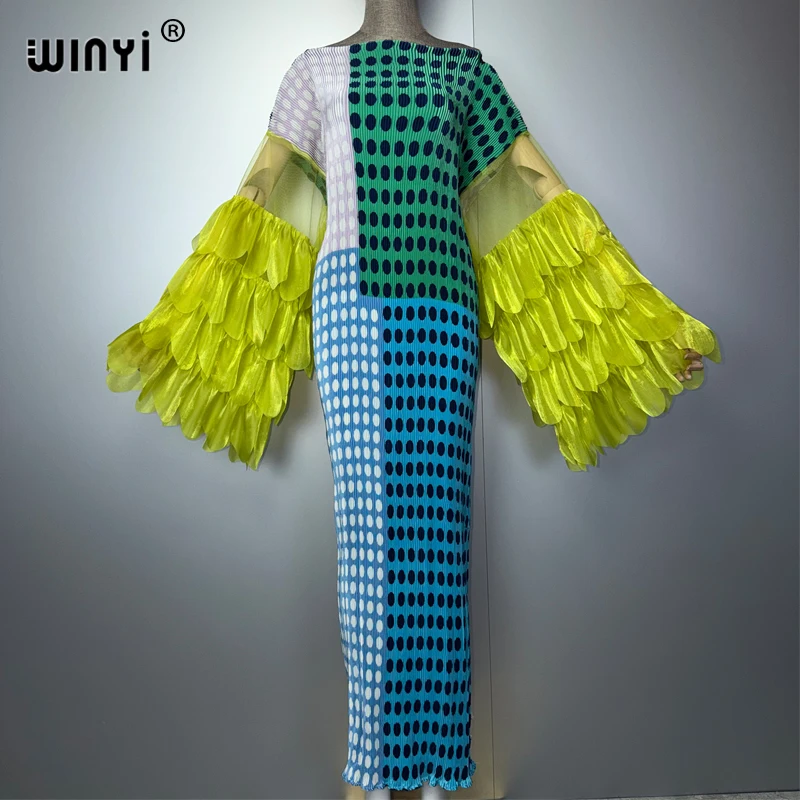 WINYI Damen Elastisches Schlankes Plissiertes Kleid Langes Kaftan-Abaya Dubai Luxus Party-Abendkleid Muslimische Strandkleidung Urlaubsmode